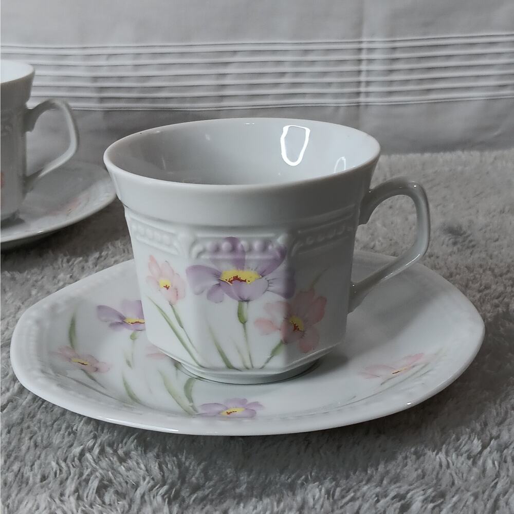 Mitterteich Porcelain Teacup & Saucer Sets Purple Pink Flowers Vintage 4 Sets